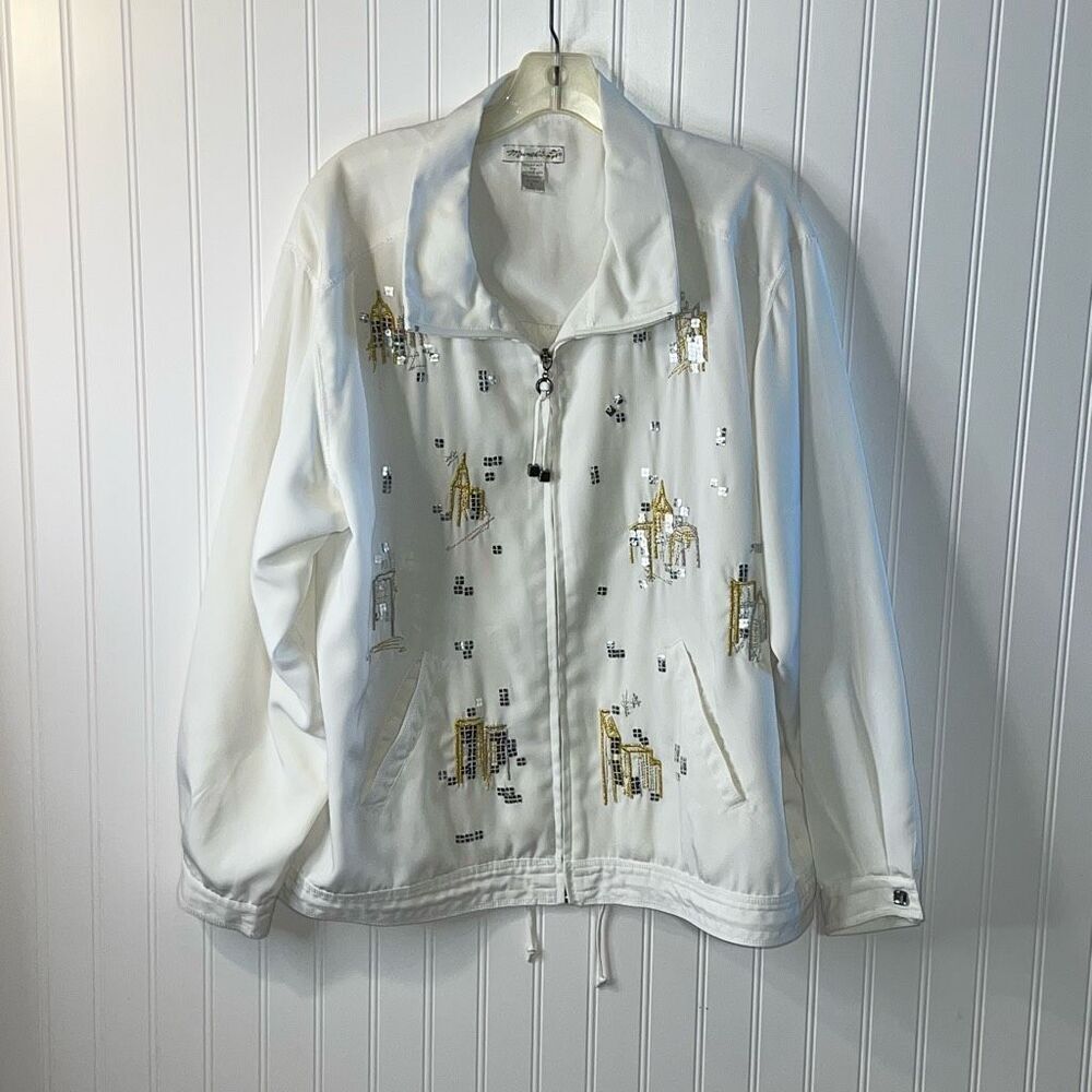 Vintage 80s Mureli Embroidered Sequins Zipper Track Jacket Size Large White Gold